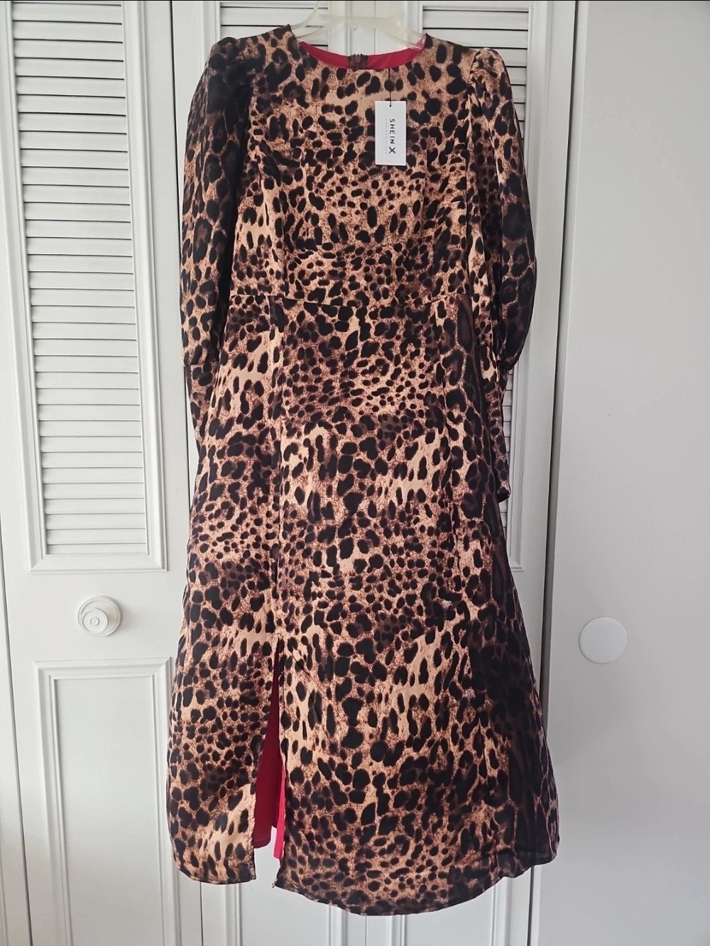 SHEIN Leopard Print Long Sleeve Midi Dress with Red Lining